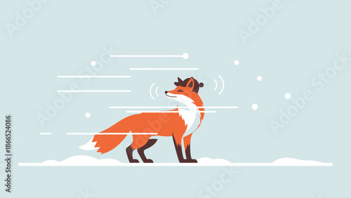 Fox With Hat Running In Winter Landscape Background Vector Illustration