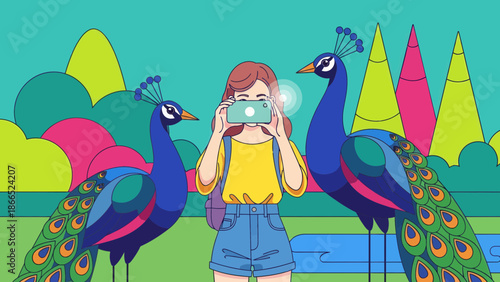 Girl Capturing Colorful Nature Scenery With Peacocks Using Her Smartphone