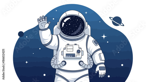 Friendly Astronaut In Outer Space Waving Hand Greeting Cartoon Illustration