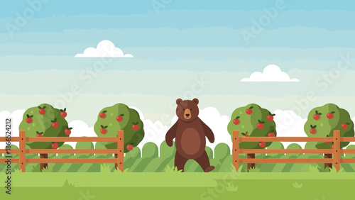 Friendly Bear Strolling Through an Orchard in an Animated Landscape