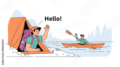 Friendly Camping And Kayaking Adventure In Nature Illustration With Waving People