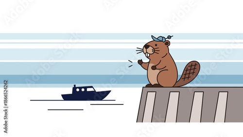 Friendly Beaver Waving At Boat By The Water On A Sunny Cartoon Landscape