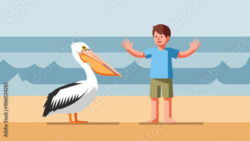 Friendly Encounter Boy And Pelican On The Beach Vector Illustration