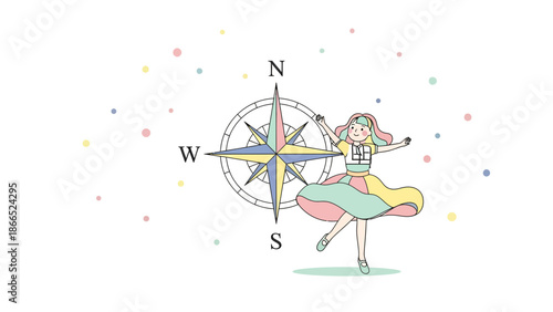 Girl Dancing Near Compass Rose In Pastel Tones Decorative Illustration