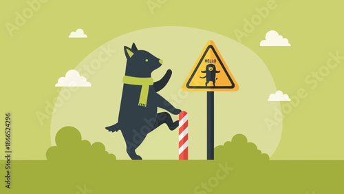 Friendly Encounter With Bear Near Warning Sign In Natural Environment Vector Design