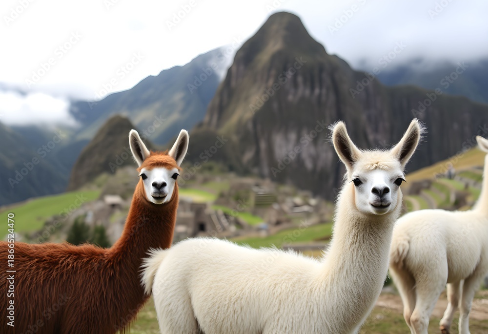 Obraz premium A view of some Llamas in the Mountains