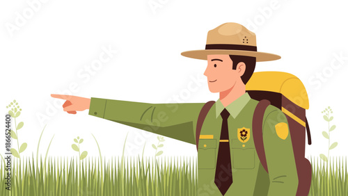 Friendly Park Ranger Giving Directions Among Nature Plants And Green Grass
