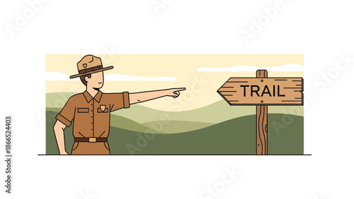 Friendly Park Ranger Guiding Visitors Towards The Trail Adventure Destination