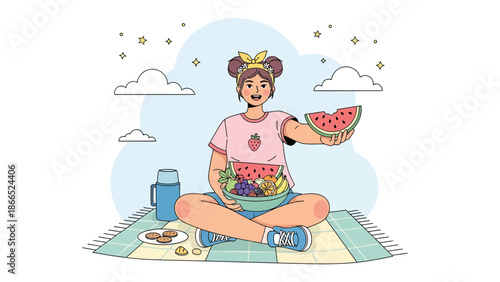 Girl Enjoying A Summer Picnic With Fresh Fruits Under A Bright Sky