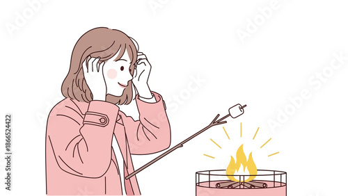 Girl Enjoying Marshmallow Roasting Around Campfire In Illustrated Style