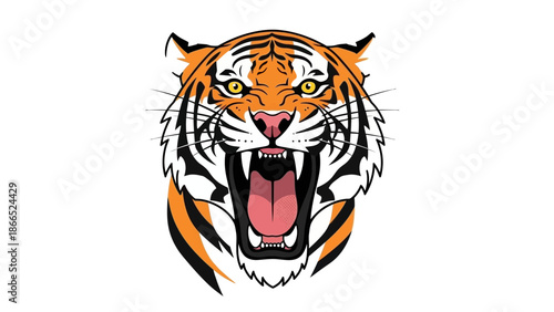 Fierce Tiger Head Roaring, Aggressive Big Cat Portrait, Wildlife Illustration