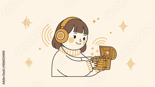 Girl Enjoying Musical Treasure With Headphones And Shining Gold Coins