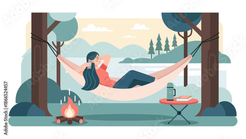 Girl Enjoying Outdoor Leisure Time Reclining in Hammock During Summer Vacation