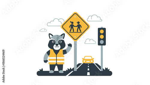 Friendly Raccoon Promotes Safety Rules For Kids Near School Crossing Zone