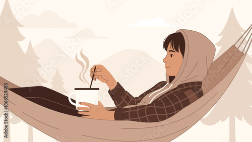Girl Enjoying Relaxing Moment With A Hot Drink In Hammock Surrounded By Nature
