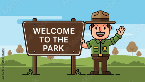Friendly Ranger Welcomes Visitors To National Park Cartoon Illustration