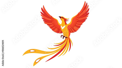 Fiery Phoenix Bird Rising with Wings Spread - Symbol of Rebirth and Immortality