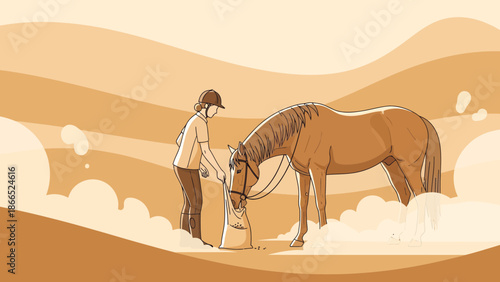 Girl Giving Food To The Horse In The Field Illustration Outdoors