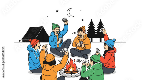 Friends Enjoying Card Games Around Campfire Outdoors At Night Under Moonlight