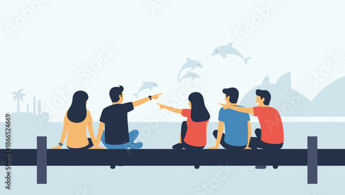 Friends Enjoying Dolphin Watching Holiday Vacation Illustration at Beach Pier
