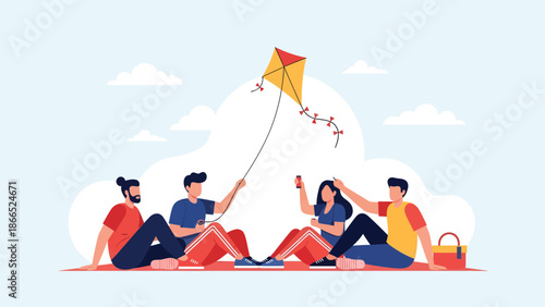 Friends Enjoying Kite Flying Picnic On A Sunny Day Cartoon Illustration