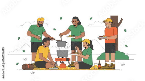 Friends Enjoying Outdoor Picnic Together Sharing Meal In Nature Setting