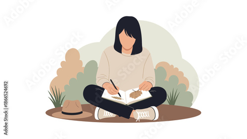 Girl Illustrating Autumn Leaves In Nature Relaxing Drawing Art Sketching