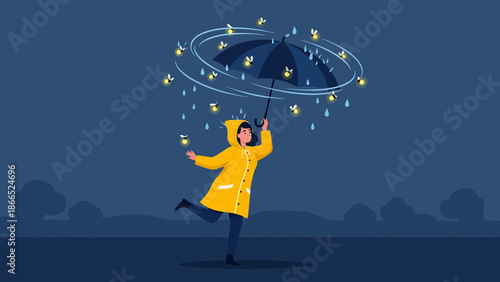 Girl In Raincoat Walks With Fireflies Under Umbrella At Night