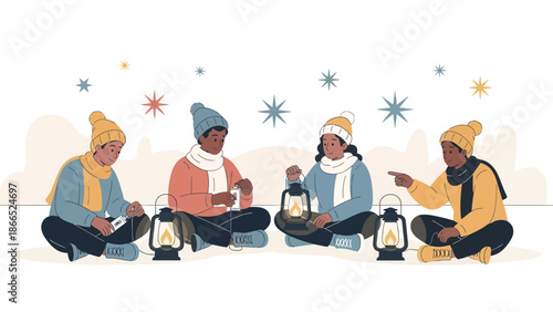 Friends Gather Together Outdoors Under Winter Stars With Lit Kerosene Lamps