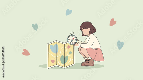 Girl Navigating Love's Journey With Compass And Heart Map Illustration