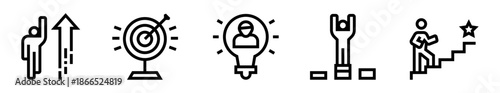 Pack de iconos de crecimiento personal. Superación individual, metas claras, desarrollo interior, motivación constante y éxito personal. Ilustración vectorial lineal
