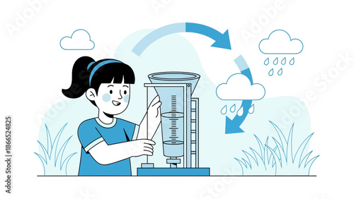 Girl Observing Rain Gauge Demonstrating Water Cycle Educational Illustration