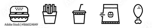 Pack de iconos de comida rápida. Hamburguesa, papas fritas, bebida, comida para llevar, pollo frito. Ilustración vectorial lineal