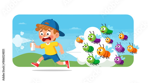 Frightened Boy Runs Away From Flying Bugs While Spraying Insecticide