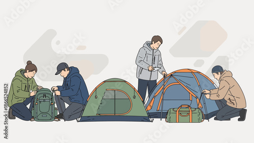 Friends Preparing Camping Gear And Erecting Tents In Preparation For An Outdoor Adventure