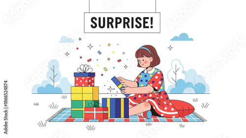 Girl Opens Gifts Presenting A Joyful Surprise On A Picnic Blanket Outdoors