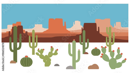Vibrant Desert Landscape with Cacti and Mesa Formations