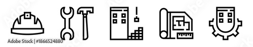 Pack de iconos de construcción. Seguridad laboral, herramientas profesionales, desarrollo de edificios, planificación arquitectónica y procesos industriales. Ilustración vectorial lineal