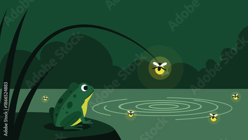 Frog Gazing At Fireflies On Pond Edge At Night In Nature Illustration