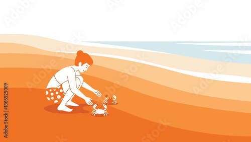 Girl Reaching For Small Crabs On The Sunny Coast During Beach Vacation