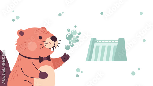 Funny Cartoon Beaver Showing a Modern Hydroelectric Dam with Bubbles Around