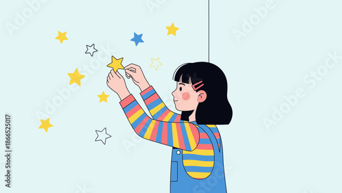 Girl Reaching Stars On Wall In Children's Bedroom With Optimistic And Whimsical Concept