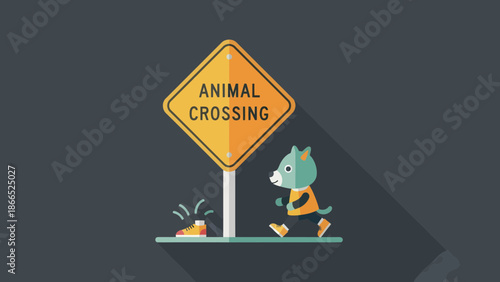 Funny Cartoon Dog Runs Past A Lost Shoe Near Animal Crossing Sign Post