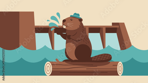 Funny Cartoon Beaver Building A Dam Wearing A Hat Illustration Concept