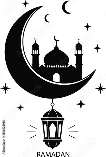 Celebrating ramadan with moon and mosque Vector