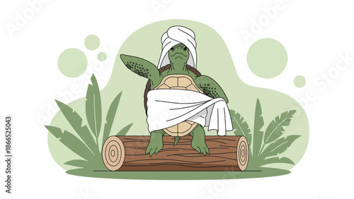 Funny Cartoon Turtle Relaxing At The Spa Treatment On A Wooden Log