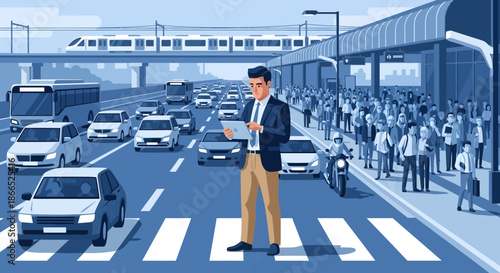 Man Distracted by Tablet on Busy City Street.