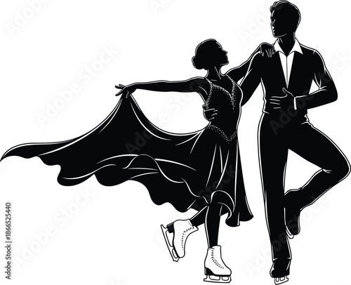 Ice skating couple silhouettes, figure skating dance pose, winter sport romance illustration, graceful performance movement, elegant partner skating scene