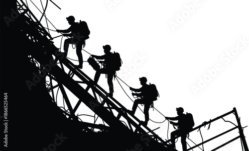 industrial climber silhouettes, rope access technicians at work, high risk construction scene, safety equipment teamwork, isolated black workers background