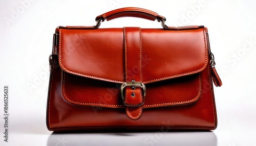 Elegant Brown Leather Briefcase with Handle and Buckle, Stylish Accessory.